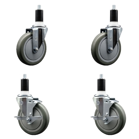 Service Caster 5'' Gray Poly Wheel Swivel 1-3/8'' Expanding Stem Caster Set 2 Brakes, 4PK SCC-EX20S514-PPUB-2-TLB-2-138